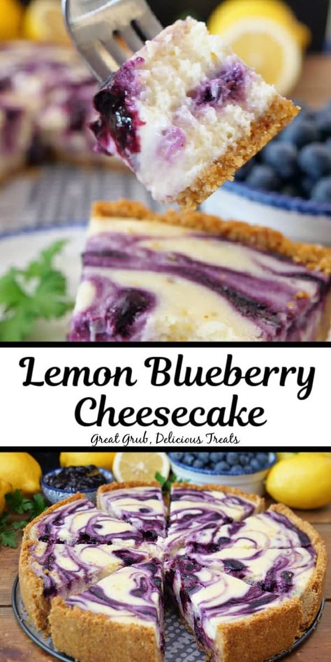 Lemon Blueberry Cheesecake is a sophisticated and elegant lemon cheesecake with a fresh blueberry filling swirled inside and on top of the cheesecake. Lemon Swirl Cheesecake, Recipes For Cheesecake, Easy Cheap Desserts Budget, Desserts For Brunch, Cheesecake Design Ideas, Erica Arndt, Cheesecake Birthday, Brownies With Cream Cheese Frosting, Exotic Desserts