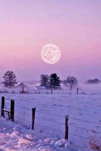 Winter is coming ~ snow moon and pink sky Our first snow this year in South Carolina on Nov. Description from pinterest.com. I searched for this on bing.com/images Periwinkle Cottage, Winters Tafereel, Snowy Field, Full Moon Rising, Winter Moon, Blue Landscape, Winter Szenen, True Summer, Belle Nature