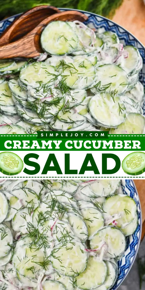 This Creamy Cucumber Salad only takes about 15 minutes to make and is the perfect picnic salad. Make it for gatherings or a simple side dish for family dinners. Easy Cucumber Salad With Mayo, Cucumber Salad Recipes, Picnic Salad, Creamy Salad, Salad Recipes Healthy Easy, Salads For A Crowd, Creamy Cucumber Salad, July Recipes, Creamy Cucumbers