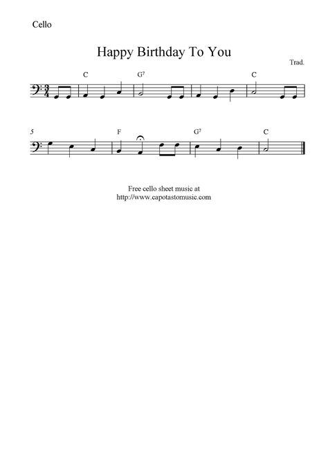 Happy Birthday To You, free cello sheet music notes Sheet Music For Cello, Free Cello Sheet Music, Cello Music Sheet, Happy Birthday Cello, Cello Notes, Free Flute Sheet Music, Flute Lessons, Free Printable Sheet Music, Happy Birthday Music