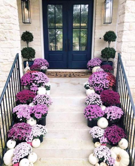 Purple Mums, Container Garden Design, Homecoming Mums Diy, Fall Decor Inspiration, Design Door, Fall Front Porch Decor, Garden Wallpaper, Small Front Porches, Halloween Tattoo