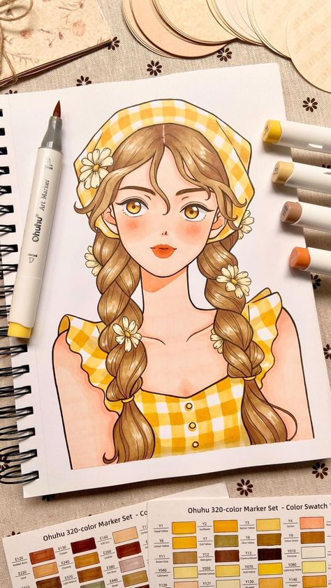 Bask in the golden glow of this enchanting countryside illustration by @im.meeco 🌼💫 Let the vibrant yellows of Ohuhu markers transport… | Instagram Arts With Brush Pen, Art Pencil Color Drawings, Drawing From Brush Pen, Drawing By Marker, Cute Cute Drawings, Doodle Cute Art, Marker Pen Art Drawing, Something Yellow Drawing, Cartoon Drawings Aesthetic