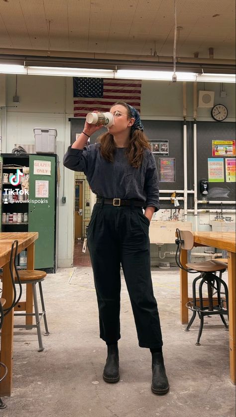 Docs Business Casual, Barista Outfit Winter, Black Pants Doc Martens Outfit, Doc Martens Outfit Business Casual, Black Doc Martens Outfit Summer, P.e Teacher Outfits For School, Cute Lab Safe Outfits, Docs Work Outfit, Business Casual Lesbian Work Outfits