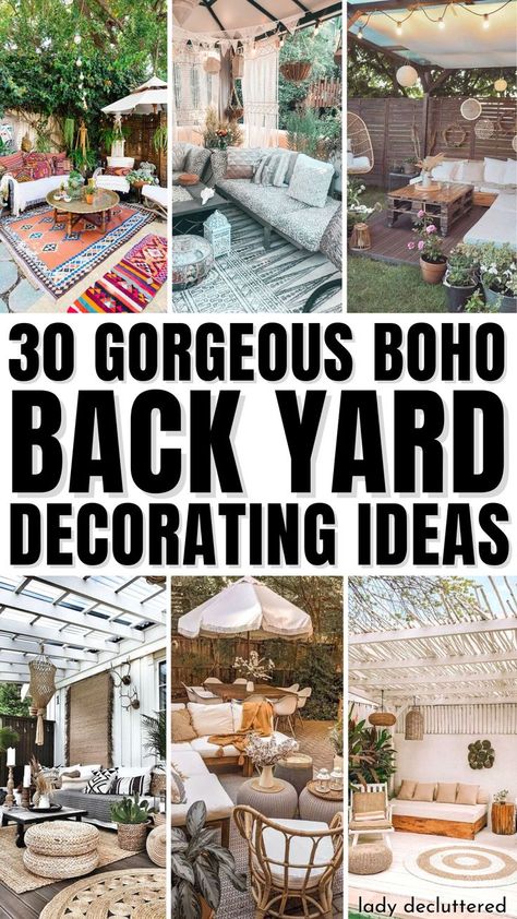 20 Gorgeous Boho Back Yard Decorating Ideas Garden Boho Decor, Backyard Cozy Spaces, No Porch Backyard Ideas, Diy Backyard Tent Ideas, Bohemian Ideas Decoration, Boho Back Patio Ideas, Outdoor Tapestry Patio, Boho Outdoor Decorations, Boho Gazebo Decor