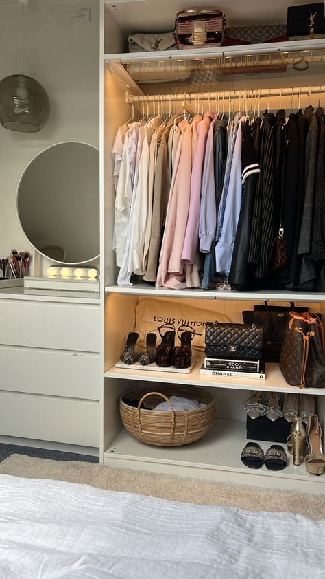 closet, organisation, closet organisation Clothing Storage Aesthetic, Organised Room Bedrooms, That Girl Closet, Room Organisation Aesthetic, Closet Full Of Clothes Aesthetic, Clothes Closet Aesthetic, Cute Closet Aesthetic, Ikea Wardrobe Organisation, Small Closet Aesthetic