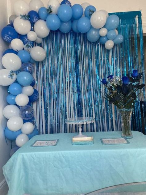 Simple Baby Shower Decorations Boy, Blue Decorations Party Birthday Ideas, Blue Theme Birthday Party Decorations, Diy Baby Shower Backdrop, Blue Birthday Decorations, Blue And White Party, Baby Boy Birthday Decoration, Shower Backdrop Ideas, Baby Shower Backdrop Ideas