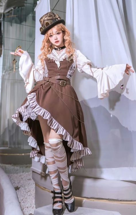 Steampunk Clothing, Brown Waistcoat, Lolita Outfits, Princess Sleeves, Skirt Blouse, Uniform Fashion, Really Cute Outfits, 여자 패션, Fancy Outfits