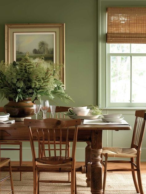 3+ Modern Farmhouse Dining Room Color Schemes to Love • 333+ Images • [ArtFacade] Traditional Interior Design Dining Room, Classic Country Dining Room, Farmhouse Dining Room Paint Color Ideas, Green Farmhouse Interior Design, Dining Room Painted All One Color, Traditional Green Dining Room, Neutral Green Dining Room, Formal Dining Room Colors, Small Dining Room Corner Ideas