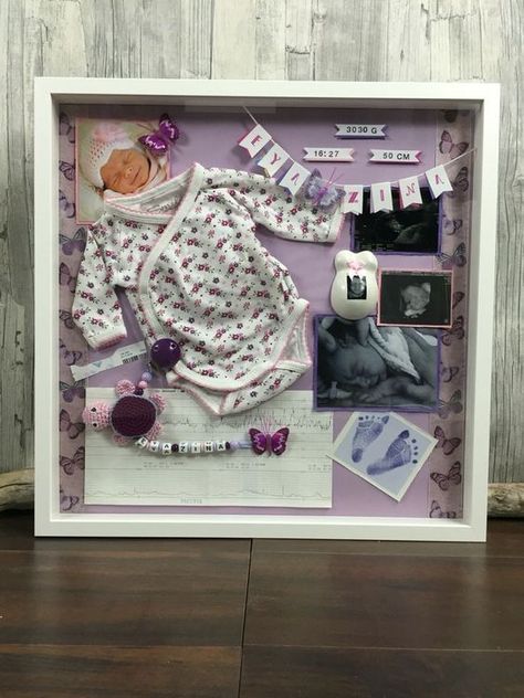 9 Easy Shadow Box Ideas for Baby - DOMESTIC HEIGHTS Shadow Box Baby, Newborn Shadow Box, Shadow Box Ideas, Baby Shadow Box, Baby Memory Box, Memories Box, Diy Shadow Box, Baby Keepsakes, Baby Frame