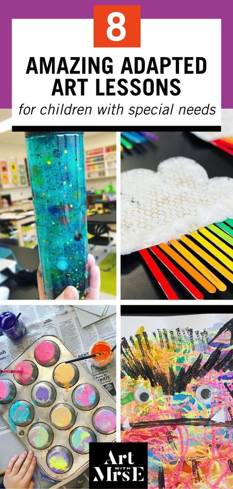 This image shows four adapted art projects for students with special needs including a sensory bottle, bubble wrap project, muffin tin prints, and scribble monster coloring. Bubble Printing, The Color Monster, Elementary Projects, Adapted Art, Texture Art Projects, Special Needs Art, Color Art Lessons, Color Monster, Kindergarten Art Lessons