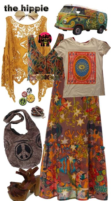 Woodstock Outfit 1969, Hippy Short Hairstyles, Hippy Vibes Aesthetic, Tie Dye Tee Outfit, Boho Retro Outfits, Hippy Outfit Ideas, 70s Hippy Fashion, Hippie Outfits Costume, Earthy Fashion Style