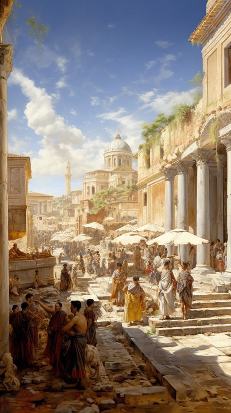 Roman Era Aesthetic, Old Greek Aesthetic, Ancient Rome Architecture, Ancient Rome Aesthetic, Rome Painting, Roman Painting, Rome Architecture, Rome Streets, Ancient Greek City