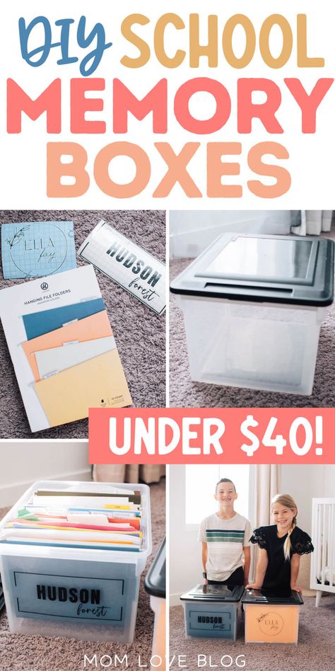 Easy DIY school memory boxes. High School Keepsake Ideas, Diy School Memory Box Ideas, School Keepsake Ideas, Kids School Memory Box Ideas, Storage For Kids School Work, School Year Memory Boxes, Memory File Box For Kids, School Years Memory Keeper, Organizing Kids School Memories