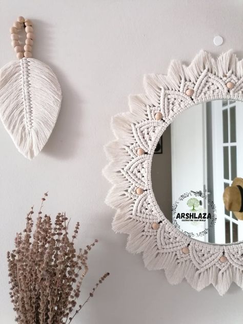 Macrame Wall Mirror, Mirror Macrame Wall Hangings, Round Macrame Wall Hanging Diy, Macrame Mirror Wall Hanging, Boho Chic Wall Decor, Round Macrame Wall Hanging, Mirror Macrame, Bohemian Headboard, Round Hanging Mirror