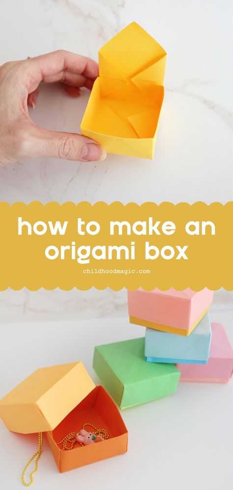 How to Make an Origami Box (with video!) - Childhood Magic How To Make An Origami Box Step By Step, How To Make A Box Out Of Sticky Notes, Diy Origami Box Tutorial, Diy Easy Origami, Origami Gift Box Tutorial, Cute Origami Gift Boxes, Folding Paper Boxes How To Make, Fun Easy Origami, Origami Box With Lid Step By Step