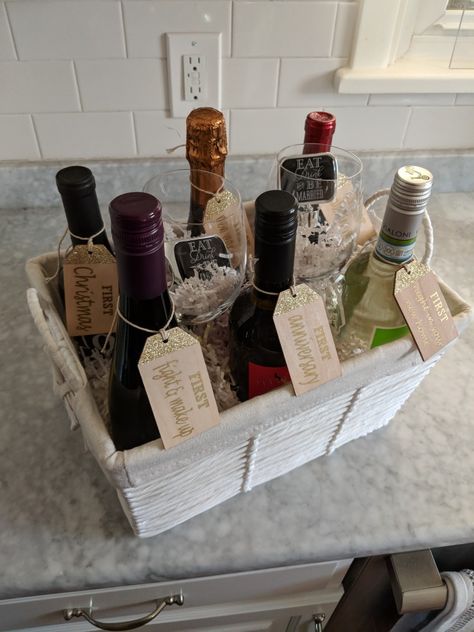 Wine Gift Basket of Firsts for Wedding Thank You Wine Basket, Wine Basket First Year Of Marriage, Wine Bottle Bridal Shower Gift, Wine Basket For Bridal Shower Gift, First Wine Basket Wedding, Basket Of Firsts Wedding Gift, Wine Wedding Gift Basket, Wine Bottle Gift Basket, Wine Raffle Basket Ideas