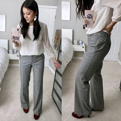 Straight Leg Pants With Flats, Heather Gray Pants Outfit Work, What To Wear With Gray Pants To Work, Gray Dress Pants Women, Light Gray Work Pants Outfit, Old Navy Work Outfit, Black Dress Pants Outfit For Work, Rainy Day Business Casual, Gray Dress Pants Outfit