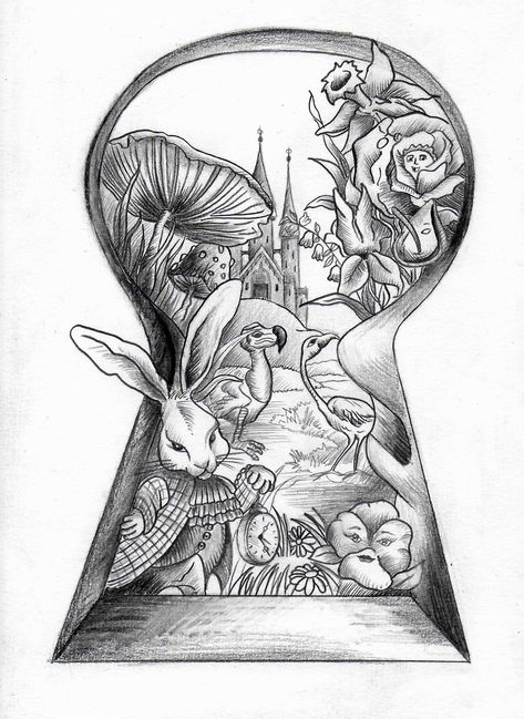 Keyhole Drawing, Anger Drawing, Alice And Wonderland Tattoos, Hipster Drawings, Alice In Wonderland Drawings, Wonderland Tattoo, Couple Drawing, Unique Drawings, Seni Cat Air