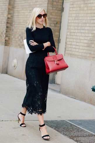 Women's Black Crew-neck Sweater, Black Lace Midi Skirt, Black Suede Heeled Sandals, Red Leather Satchel Bag Black Outfits, Tommy Ton, Spring 2015 Fashion, Black Lace Skirt, All Black Fashion, Lace Midi Skirt, Rock Outfit, Fashion Friday, Lace Outfit