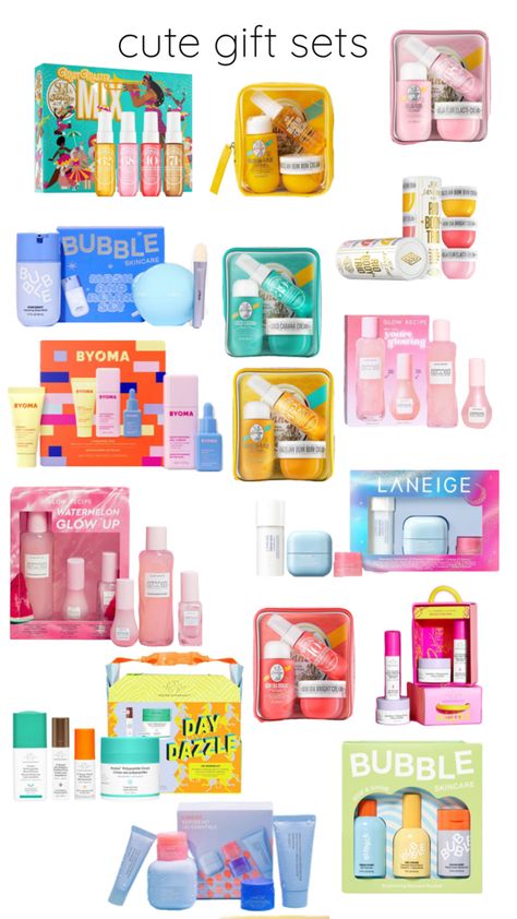 #preppy gift sets #bubbleskincare #glowrecpie #laneige #soldejanerio #byoma #drunkelephant Sephora Sets Gift, Preppy Gifts Under 20, Birthday Wishlist Skincare, Stuff To Put In Goodie Bags, Preppy Christmas Wishlist, Preppy Gift Ideas, Good Skincare Products, Birthday Wishlist Ideas, Preppy Skin Care