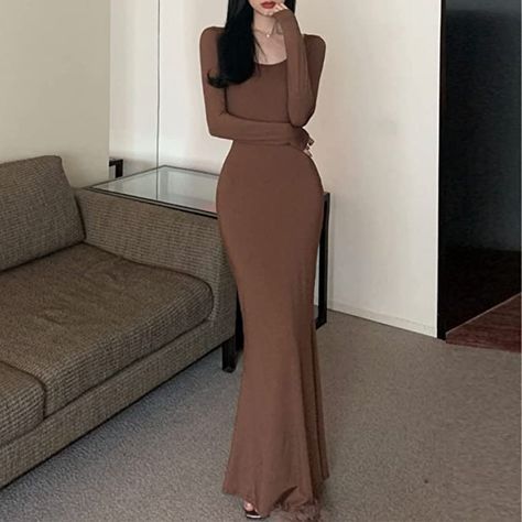 Long Bodycon Dress Outfit, Long Dress Korean Style, Dress Elegant Long, Body Con Dress Outfit, Maxi Bodycon Dress, Fishtail Dress, Long Bodycon Dress, Bodycon Maxi Dresses, Solid Color Dress