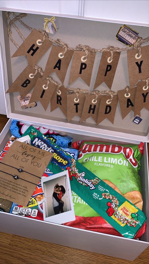 Birthday, boyfriend gift box, boyfriend birthday gift, snack box, couple gift idea, boyfriend birthday gift idea, cute couple birthday gift, cute couples, green bag of chips, polaroid pic, nerds rope, green candy, white box, happy birthday sign Bf Bday Gift Basket, Birthday Gifts To Give Your Boyfriend, Things To Buy Boyfriend For Birthday, What Can I Gift My Boyfriend On His Birthday, Birthday Box For Girlfriend, 18th Boyfriend Birthday Gifts, Birthday Package For Boyfriend, Men Birthday Present Ideas, Diy Birthday Gift Boyfriend