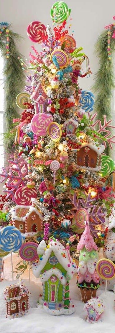 Whimsical Lollipop Christmas Tree filled with candy decor Diy Candyland Christmas Decorations, Candyland Christmas Decorations, Lollipop Christmas Tree, Lollipop Christmas, Diy Candyland, Candy Christmas Tree, Candyland Christmas, Cool Christmas Trees, Colorful Christmas