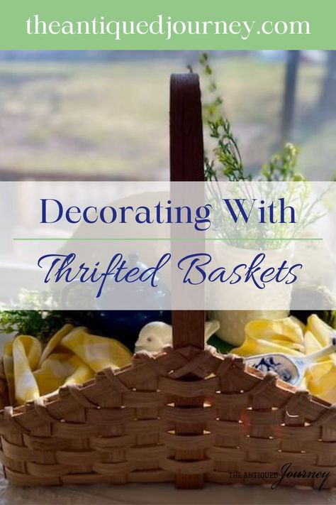 a basket decorated with Spring decor in blues and yellows Things To Put In A Basket For Decor, Use For Baskets, What To Fill Baskets With For Decor, Baskets For Decorating, Decorative Basket Filler Ideas, Picnic Basket Decor Display, Basket Uses Organizing Ideas, Round Wire Basket Decor Ideas, Flat Basket Decor Ideas