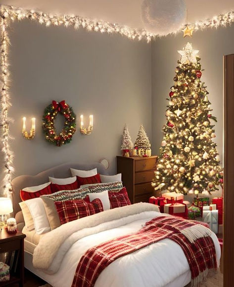 See what Christmas color palette best suits your home’s interior. Christmas Room Inspiration, Ideas For Rooms, Holiday Bedroom Decor, Christmas Cosy, Bedroom Decor Christmas, Decorated Living Room, Christmas Bedroom Ideas, Living Room Christmas Decor, Christmas Curtains