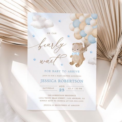 Teddy Bear with Blue Balloons Baby Shower Bear Baby Shower Invitations, Teddy Bear Baby Shower Theme, Teddy Bear Baby Shower Invitations, Bear Baby Shower Theme, Blue Teddy Bear, Waiting For Baby, Bearly Wait, Teddy Bear Baby Shower, Back To School Deals