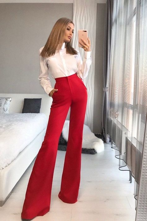 f18a6d1cde4b205199de8729a6637b42desc47399279ri Red Trousers Outfit, Red Pants Outfit, Red And White Outfits, Flared Pants Outfit, Red Trousers, Diy Vetement, Red Suit, Classy Work Outfits, Red Pants