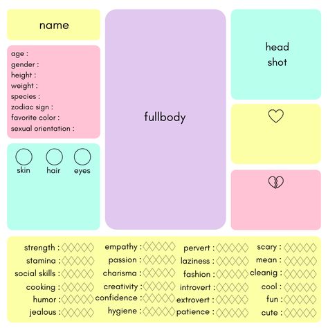 Create A Character Sheet, Human Ref Sheet Base, My Oc Card Template, Character Sheet Template Design, Oc Design Template, Oc Making Template, Two Ocs Base, Oc Information Sheet Template, Characters Sheet Template