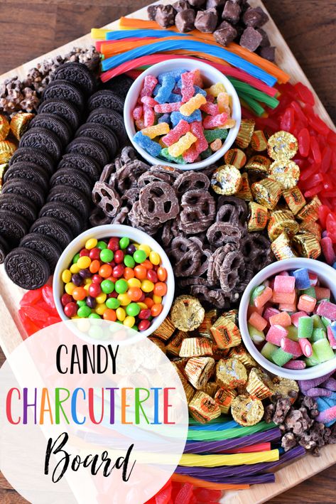 Candy Charcuterie Board-This fun spin on an old classic is perfect for a kid's birthday party or any party you're throwing. If you're looking for fun and creative charcuterie board ideas, this is it! #charcuterieboard #birthdaypartyideas #birthdaypartyfood Candy Charcuterie Board Ideas, Candy Charcuterie Board, Candy Charcuterie, Appetizers And Snacks, Charcuterie Board Ideas, Candy Board, Birthday Snacks, Party Food Buffet, A Charcuterie Board