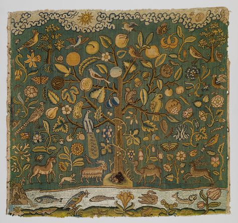 The Tree of Life, first half of 17th century  English  Canvas worked with silk thread; tent, Gobelin, and couching stitches Patchwork, Tree Of Life Art, Medieval Tapestry, Antique Samplers, Nature Posters, The Tree Of Life, Antique Textiles, Art Textile, Nature Wall