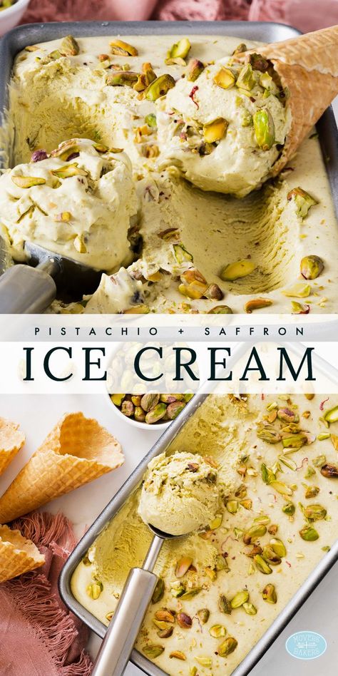 Recipe for kesar pista ice cream. A creamy no churn pistachio ice cream with saffron and cardamom, and no ice cream maker needed! Recipe by movers and bakers Essen, Pista Ice Cream, Ice Cream Pistachio, Ice Cream Flavour, Indian Ice Cream, Pistachio Dessert, Churn Ice Cream, Pistachio Recipes, Kulfi Recipe