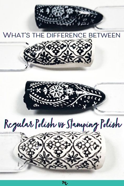 We receive a number of questions about stamping polish and regular polish and what exactly is the difference AND can I use regular polish to stamp? Black Nail Stamping Ideas, Nail Stamps Ideas, Maniology Stamping Ideas, Az Nails, Nail Stamps, Regular Nail Polish, Nail Academy, Diy Nails At Home, Wet And Wild