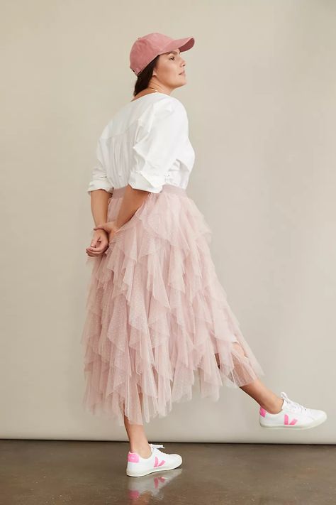 The Chéri Ruffled Tulle Midi Skirt by Anthropologie | Anthropologie Romantic Lace Blouse, Valentine Outfits For Women, Classic Red Dress, Valentine's Outfit, Tulle Skirts Outfit, Pink Tulle Skirt, Tulle Midi Skirt, Jumpsuit Chic, Anthropologie Skirt