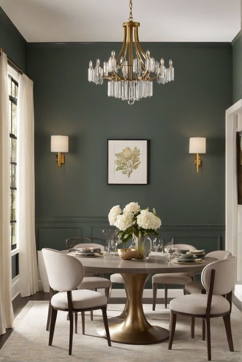 1. Dining room decor
2. Paint finishes
3. Interior design
4. Home improvement Dining Room Wall With Sconces, Gray White And Gold Dining Room, Gray Walls Dining Room Ideas, Blue Dining Room With White Wainscoting, Green Black Gold Dining Room, Green Paint Dining Room Ideas, Half Accent Wall Dining Room, Dining Room Decor Dark Walls, Dining Room Decor Wainscoting