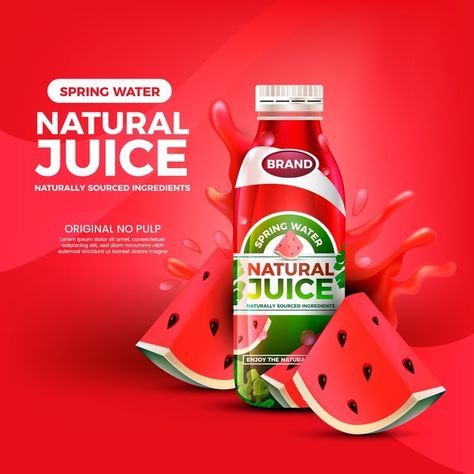 Drink ad nature watermelon juice | Free Vector #Freepik #freevector #template #magazine #marketing #promotion Drink Product Design, Juice Ads Creative, Juice Ads, Drink Ads, Juice Ad, Drink Design, Juice Branding, Juice Packaging, Creative Advertising Design