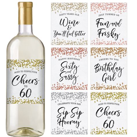 * 60th BIRTHDAY - Our wine bottle labels make the perfect birthday gift for women. Apply the labels to your favorite wine and serve in a gift basket. * SET OF 6 - Each order contains 6 unique wine bottle labels * PARTY DECOR - Celebrate in style! Elegant, modern and fun! * STANDARD SIZE - Our vinyl adhesive labels will fit most standard wine bottles. Minor assembly required- just peel and stick to your favorite bottle of wine. Remove original label for best results. * WATERPROOF - Our birthday w 60th Birthday Wine Labels, 70th Birthday Parties Decorations, Wine Birthday Gifts, 40th Birthday Wine, 21 Birthday Party Decorations, Happy Birthday Cheers, Birthday Wine Bottle Labels, Unique Wine Bottles, Birthday Wine Bottles