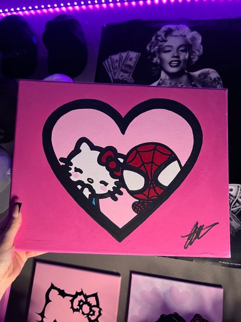 Hello Kitty And Spiderman, Images Hello Kitty, Hello Kitty Crafts, Kitty Drawing, Simple Canvas Paintings, Easy Canvas Art, Hello Kitty Drawing, Cute Canvas Paintings, Canvas Drawings