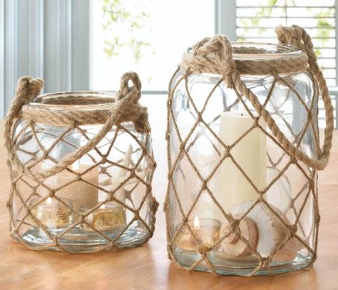 Rope Net Candle Lanterns: http://www.completely-coastal.com/2016/04/nautical-coastal-candle-lanterns-wood.html Glass Jar Lanterns with Netting for a Nod to Nautical. You can Hang these Lanterns too! Coastal Candle, Glass Candle Lantern, Rope Wrapped, Candle Lantern, Mothers Day Crafts For Kids, Rope Crafts, Jar Diy, Glass Lantern, Beach Crafts