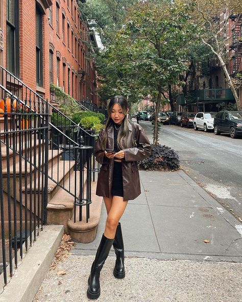 Itsyuyann Outfits Fall, Mixing Brown And Black Outfit, Knee High Boot Outfits Fall, Fall Transition Outfits Going Out, Fall Outfits With Knee High Boots, Black Dress Black Boots Outfit, Glamorous Fall Outfits, How To Style Knee High Boots Casual, Fall Fancy Outfits