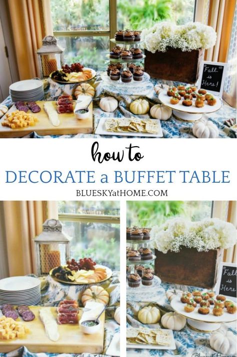 How To Create Height On A Buffet Table, Decorate Table For Party, Fall Food Table Display, Buffet Table Ideas Decor Party Planning, How To Set Up A Buffet Table, Decorating Buffet Table, Party Buffet Table Decor, Thanksgiving Buffet Setup Ideas, Decorate Buffet Table