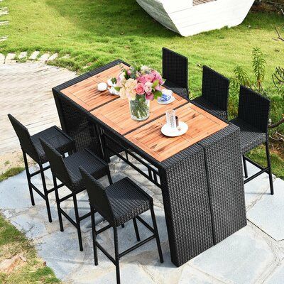 Wood Bar Table, Acacia Wood Table, Outdoor Bar Sets, Patio Bar Set, Dining Furniture Sets, Outdoor Wicker Furniture, 7 Piece Dining Set, Wicker Patio Furniture, Patio Dining Table