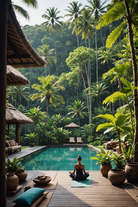 Serenity in Bali: Finding Peace at Top Yoga Retreats Bali Best Places, Life In Bali, Bali Vision Board, Natural Lifestyle Aesthetic, Vision Board Yoga, Serene Architecture, Houses In Bali, Travel Life Aesthetic, Exotic Places To Travel