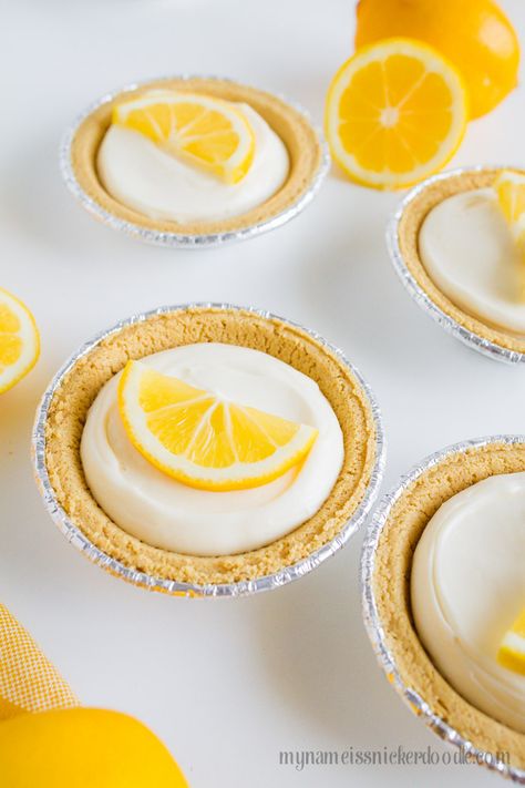 No Bake Mini Lemon Cream Pie - My Name Is Snickerdoodle Pie, Lemon Pies, No Bake Lemon Pie, Mini Lemon Tarts, Lemon Cream Pie, Lemon Cream Pies, Cookie Cups Recipe, Cream Pies, Pudding Cookies