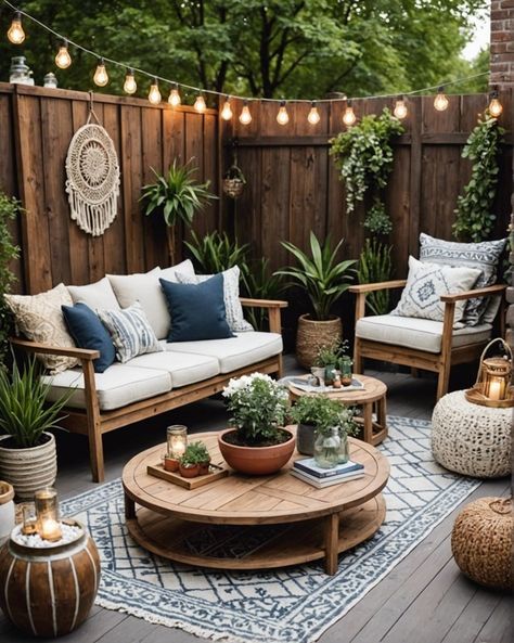 20 Boho Patio Ideas For Your Home – ToolzView Small Backyard Lounge Ideas, Miami Backyard Ideas, Cement Back Patio Ideas, How To Style A Deck, Cute Patio Furniture, Boho Garden Design, Patio Boho Decorating Ideas, Boho Pergola Ideas, Boho Covered Patio