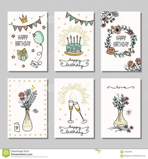 Illustration about Set of six hand drawn birthday mini cards, design template with flowers, champagne glasses and birthday cake. Illustration of birthday, bunting, golden - 108523962 Drawn Birthday Cards, Hand Drawn Birthday Cards, Happy Birthday Download, Birthday Cake Illustration, Easy Greeting Cards, Happy Birthday Printable, Cake Illustration, Birthday Card Drawing, Dog Fun