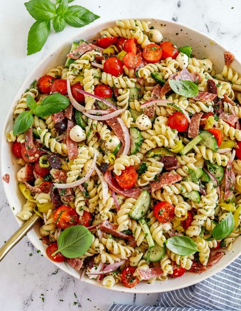 Italian Pasta Salad - Eat Yourself Skinny Italian Sandwich Pasta Salad, Healthy Italian Pasta Salad Recipes, Italian Food Catering Ideas, Prawn Pasta Salad, Pasta Salad For Bbq Parties, Medditeranean Pasta Salad, Pasta Salad Red Wine Vinegar, Cold Lunch Ideas Healthy, Pasta Salad Recipes Bacon